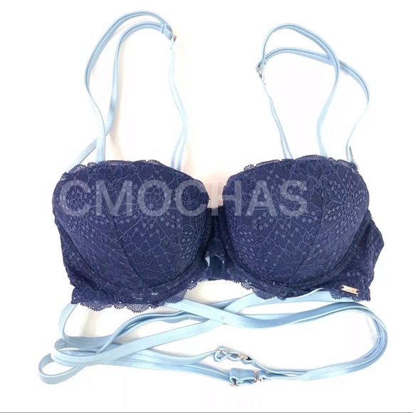 Victorias Secret PINK Date Push-up Strappy Wrap Body Padded Floral Blue Bra - Picture 2 of 3